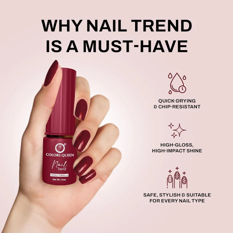 Colors Queen Nail Trend Glossy Nail Polish | Chip Resisting & Quick Drying Nail Paint with High Shine | 7 Toxin Free Formula | Vegan & Cruelty Free | Long Lasting & Vibrant Nail Paint for Women (Claret Crumb, 13ml) thumbnail 4